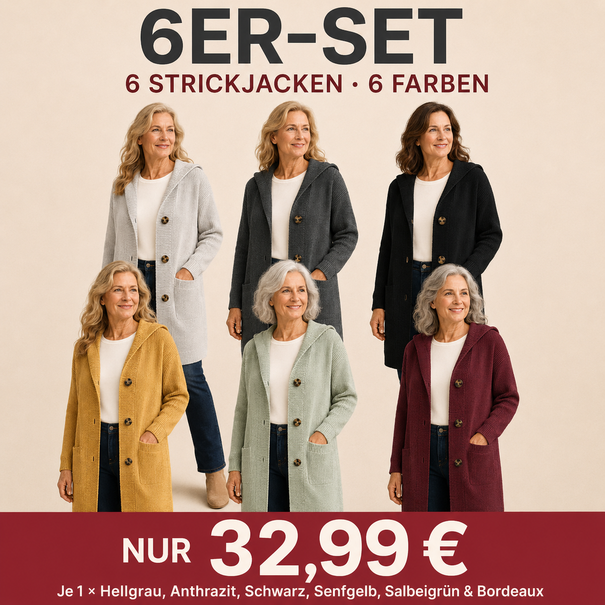 🌸Damen Strickjacke mit Kapuze und Knöpfen